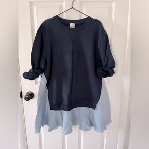 Anthropologie Navy Sweatshirt Dress with Light Blue Ruffle Hem